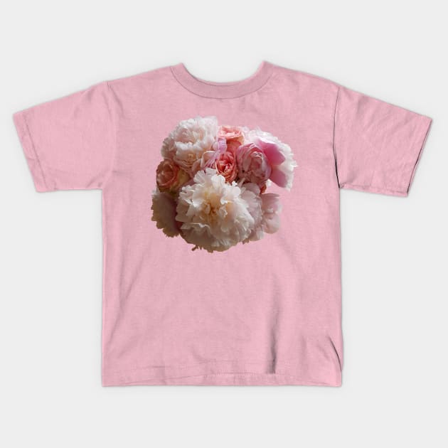 Peony Flowers and Pink Roses Kids T-Shirt by ellenhenryart